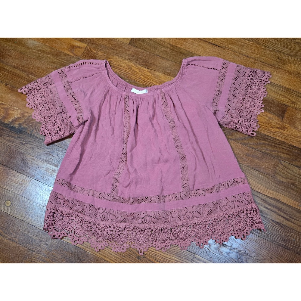 G Collection Women Mauve Pink Crochet Lace Trim Peasant Blouse Top XL JT9160